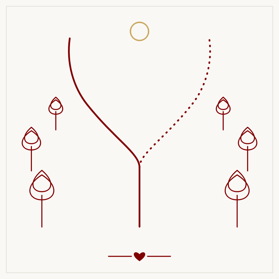 Line-art illustration of a forest path forking into two directions, one path glowing