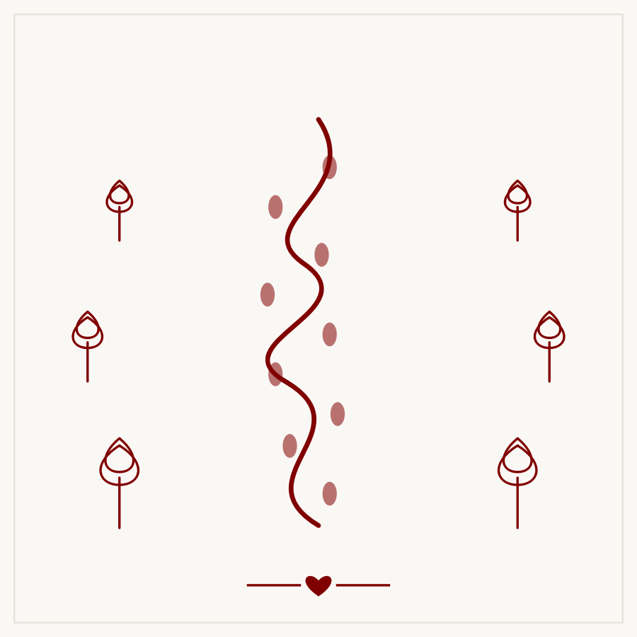 Line-art illustration of a winding forest path with two sets of footprints