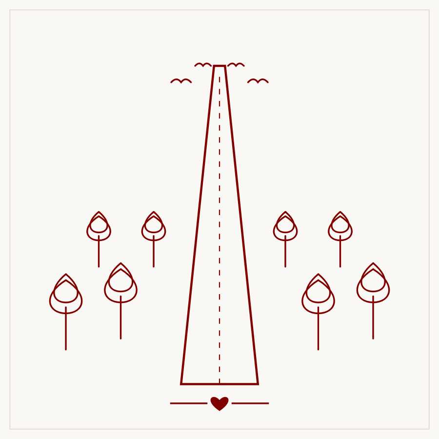 Line-art illustration of a tree-lined road with birds flying above