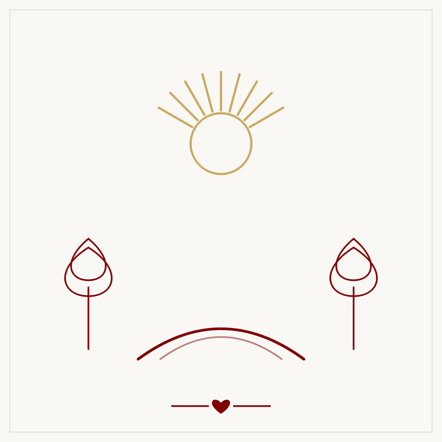 Line-art illustration of a sunrise over a forest path framed by two trees