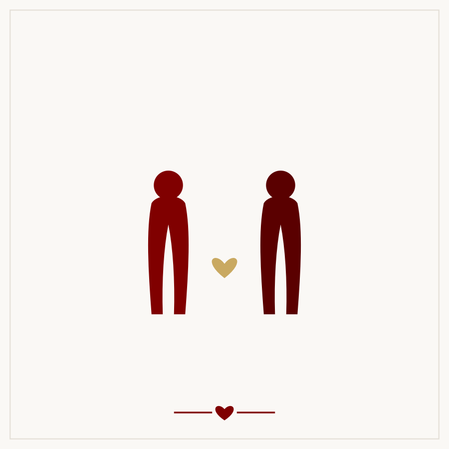 Line-art illustration of two silhouetted figures with a heart between them