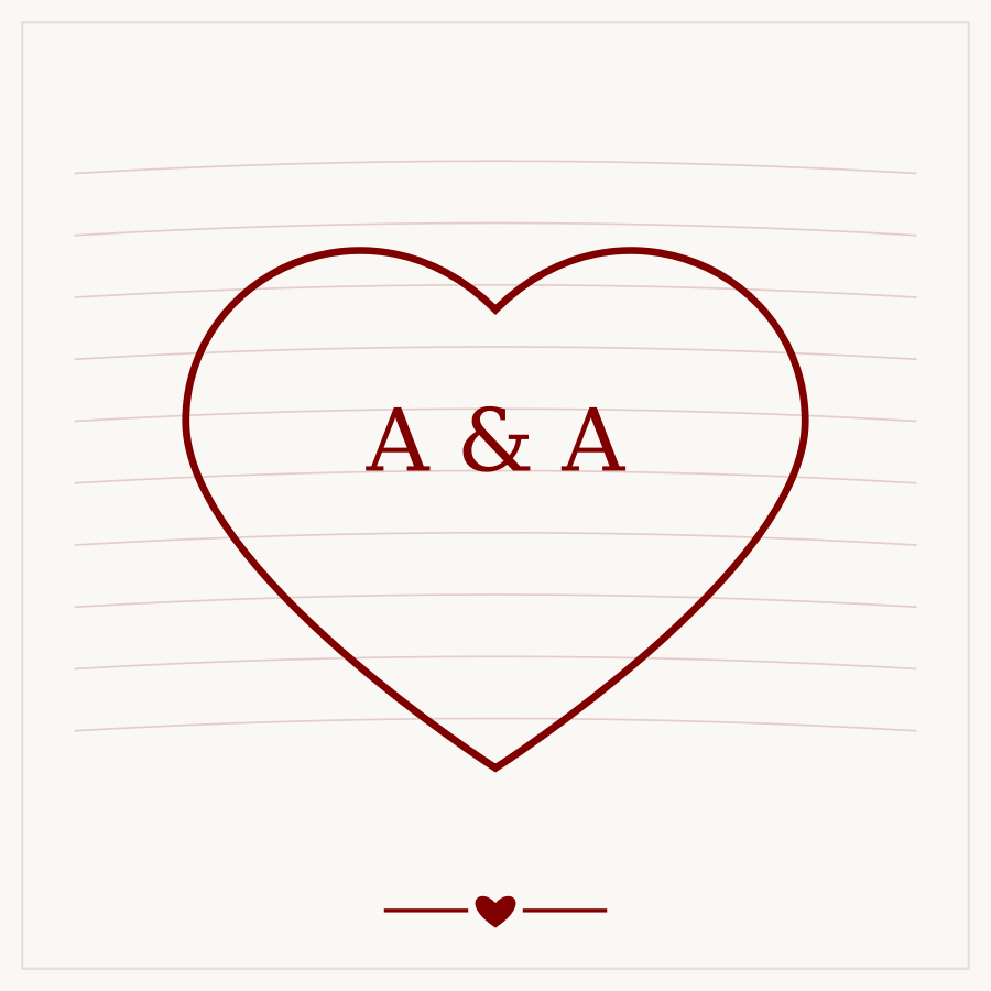 Line-art illustration of a heart carved in wood grain with the initials A and A