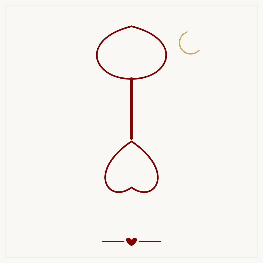 Line-art illustration of an ancient tree with heart-shaped roots beneath a crescent moon